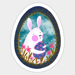 Cute white bunny with floral easter egg decoration on blue sky, version 5 Sticker